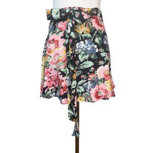 ZARA Medium Floral Skirt Black Floral Multicolor Tie At Waist